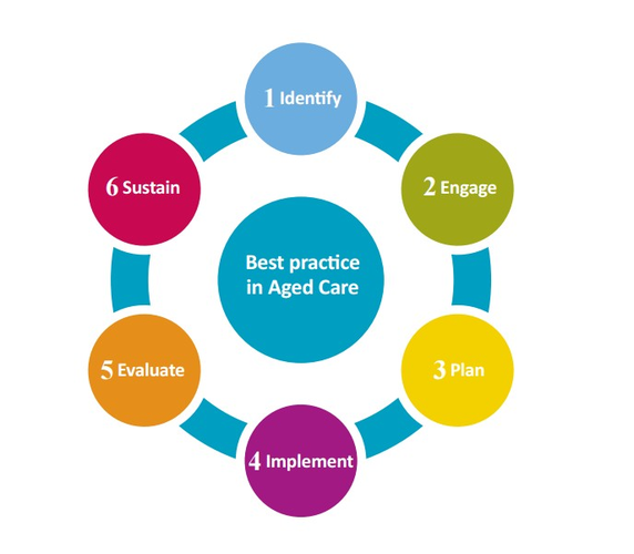 The six steps to best practice in aged care as identified by the Aged Care Clinical Mentor Model of Change: Six Steps to Better Practice.