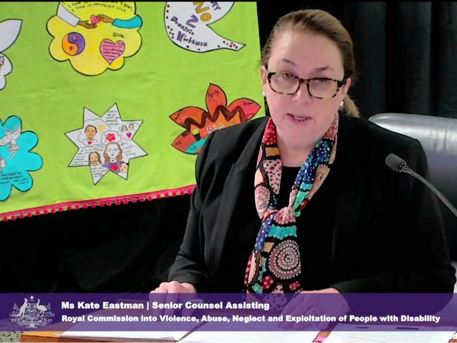 Senior Counsel Assisting, Kate Eastman, appeared for Public Hearing 17 in front of artwork submitted by women with disability who experienced domestic violence. [Source: Disability Royal Commission]