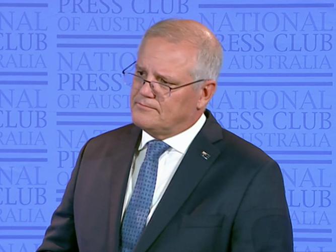 PM Scott Morrison announced the extra COVID-19 vaccine rollout funding on Monday at the National Press Club. [Source: ABC live of National Press Club]