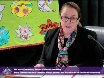Senior Counsel Assisting, Kate Eastman, appeared for Public Hearing 17 in front of artwork submitted by women with disability who experienced domestic violence. [Source: Disability Royal Commission]